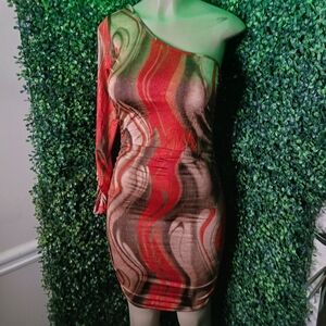 Papaya One-Shoulder Dress in Red and Brown